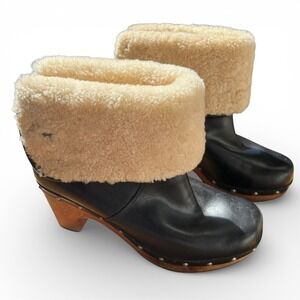 UGG Lynnea Black Leather Shearling Clog Pull-On Boots Size 6